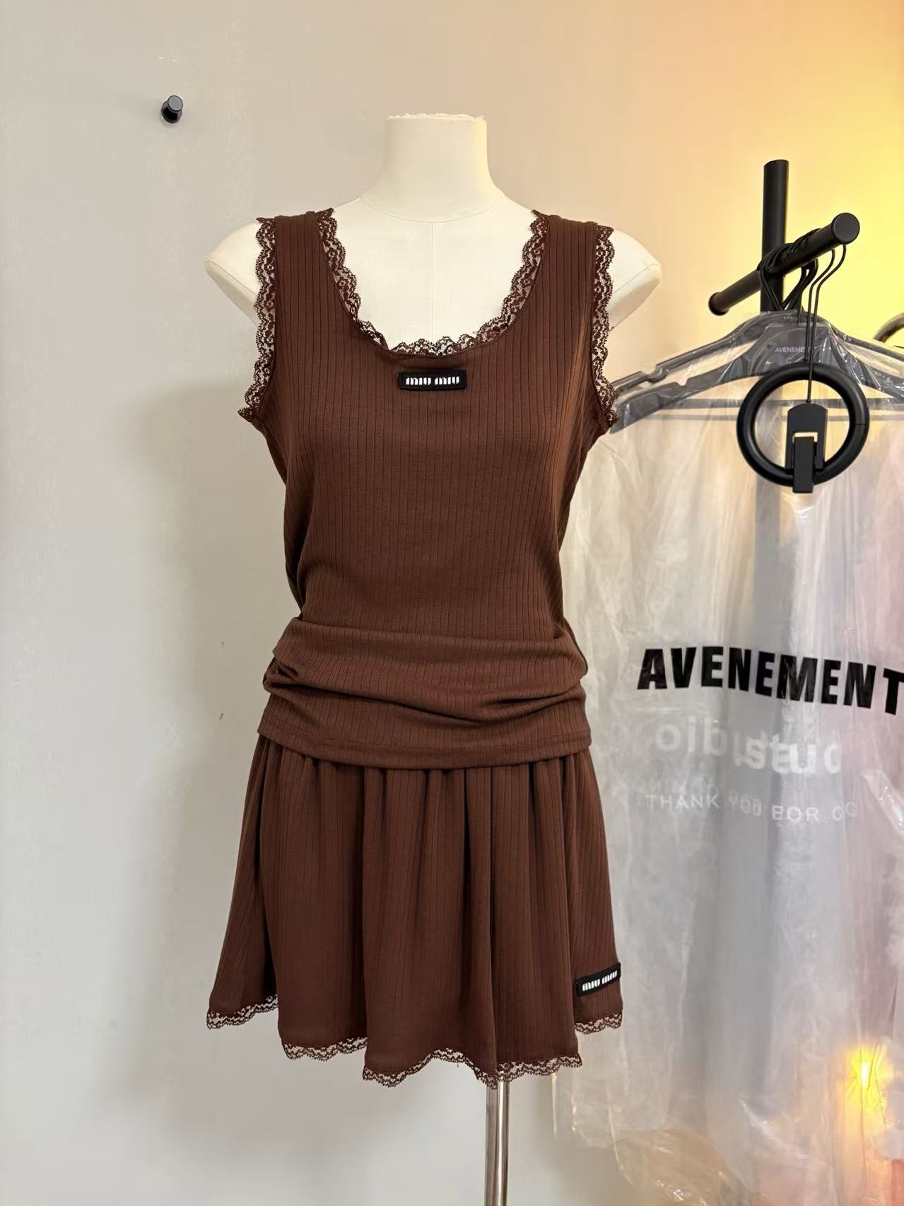 MIU Lace Trim Cami and Mini Skirt Set