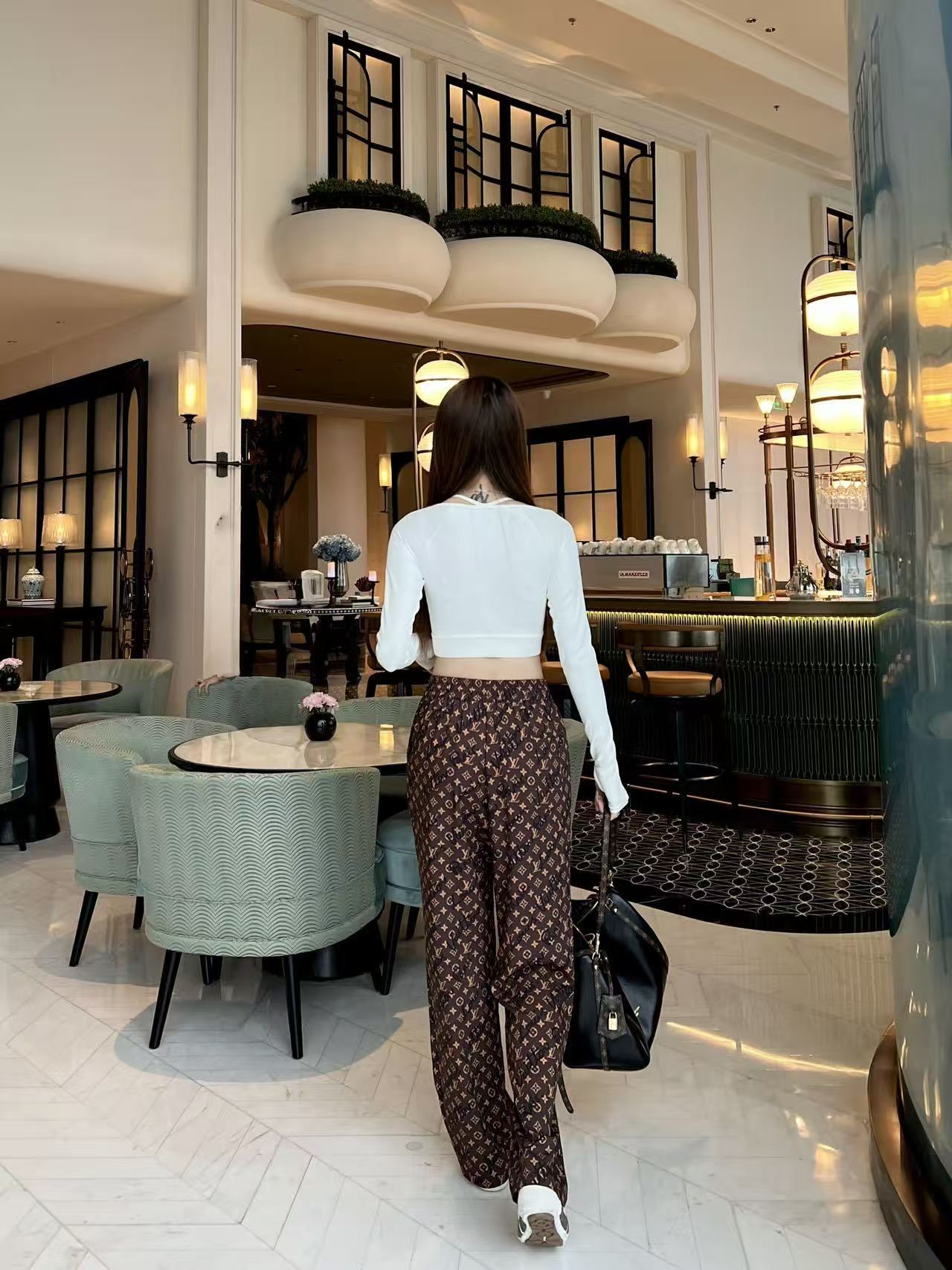 LV Full-Print Monogram Wide-Leg Trousers