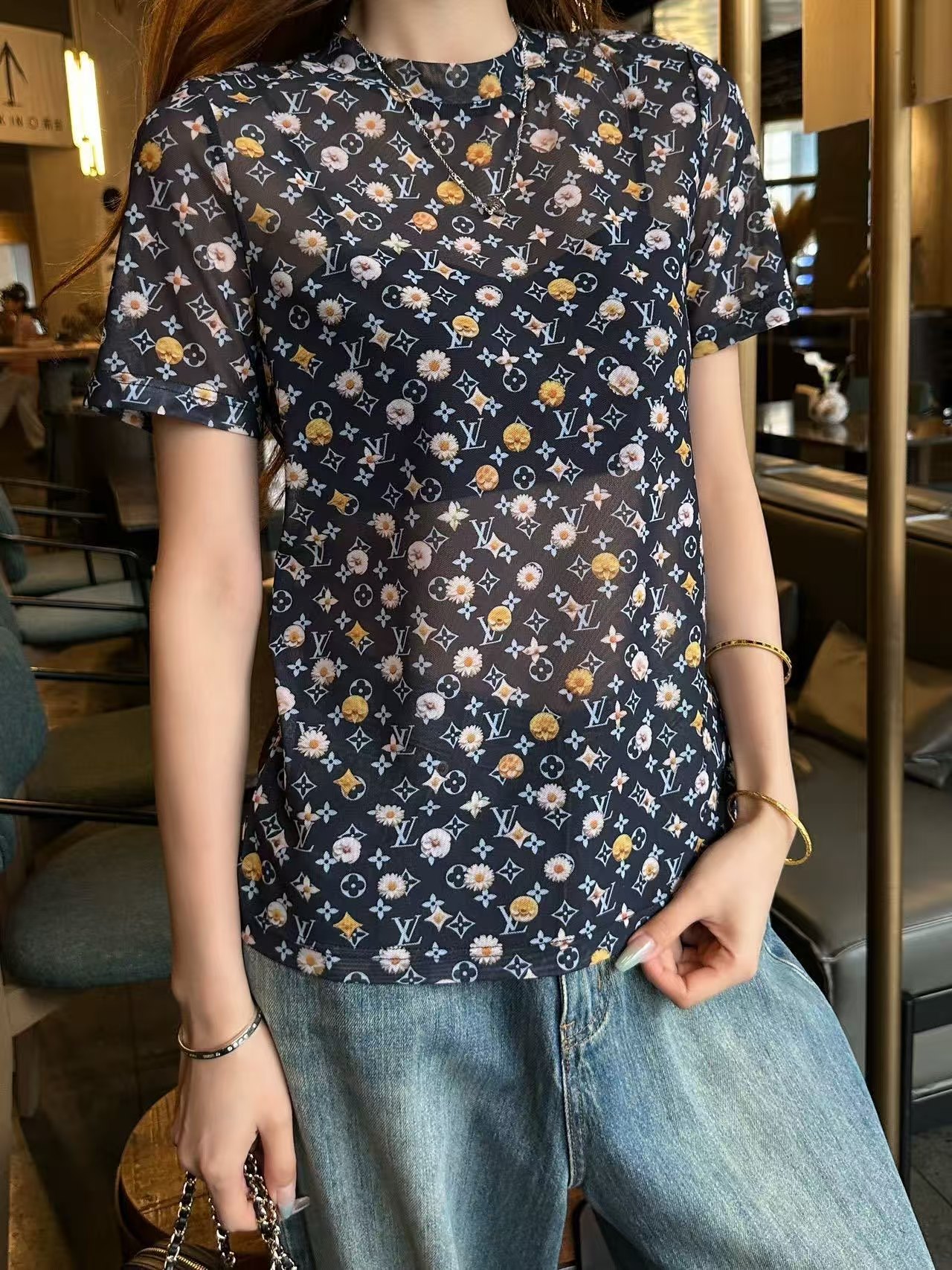 LV Monogram Floral Print Short-Sleeve T-Shirt.