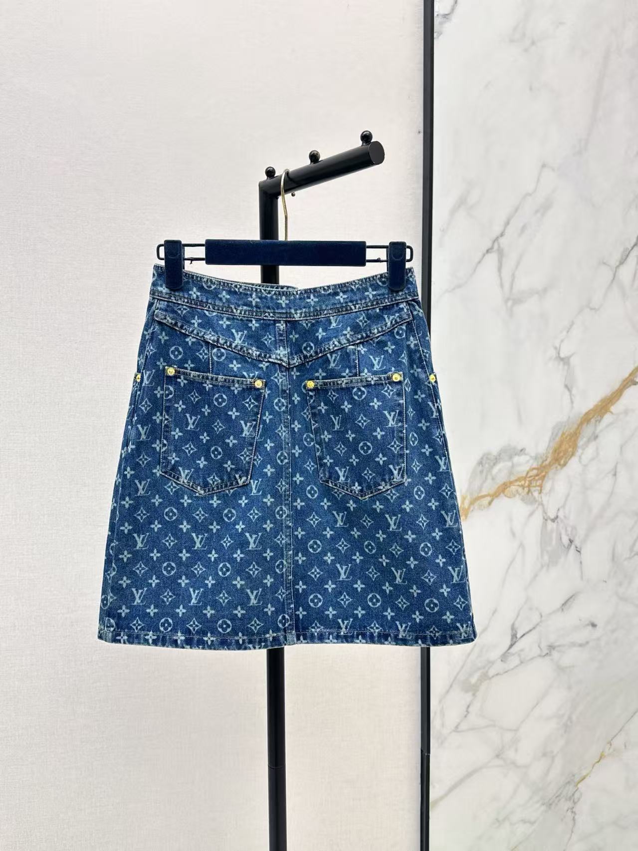 LU All-Over Monogram Denim A-Line Mini Skirt.