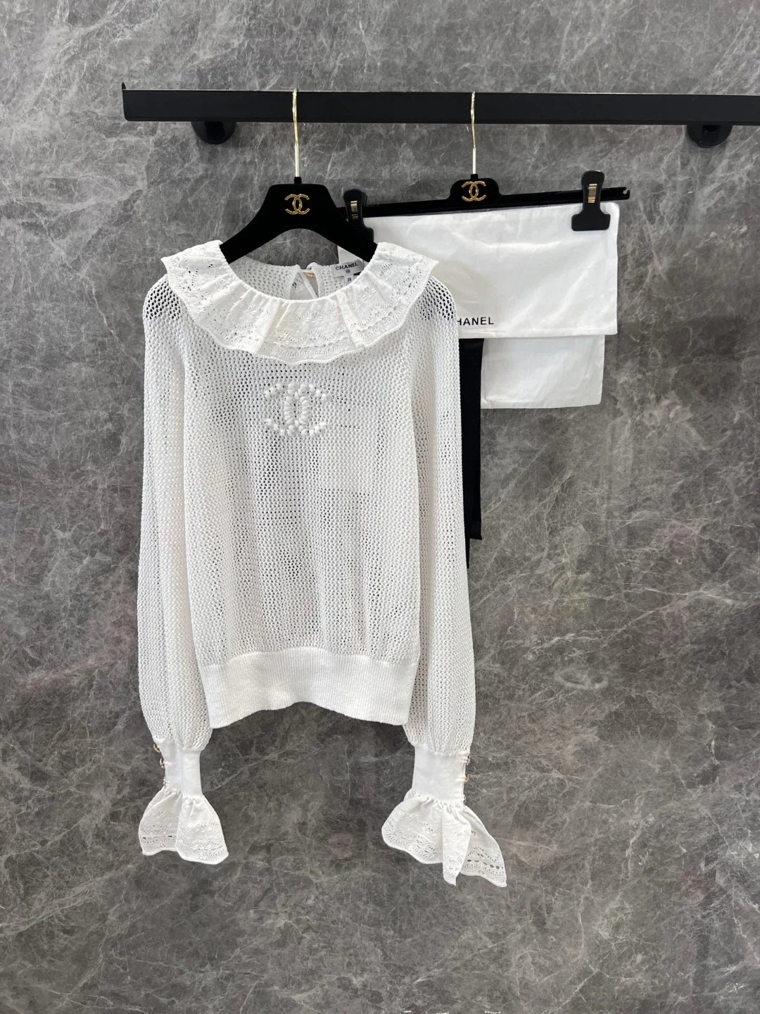 CHANE25SS Cutout Mesh Lace Neck Top