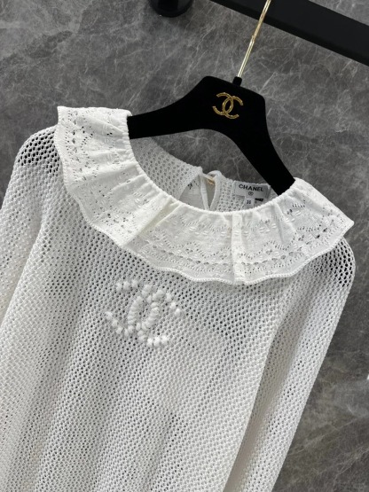 CHANE25SS Cutout Mesh Lace Neck Top