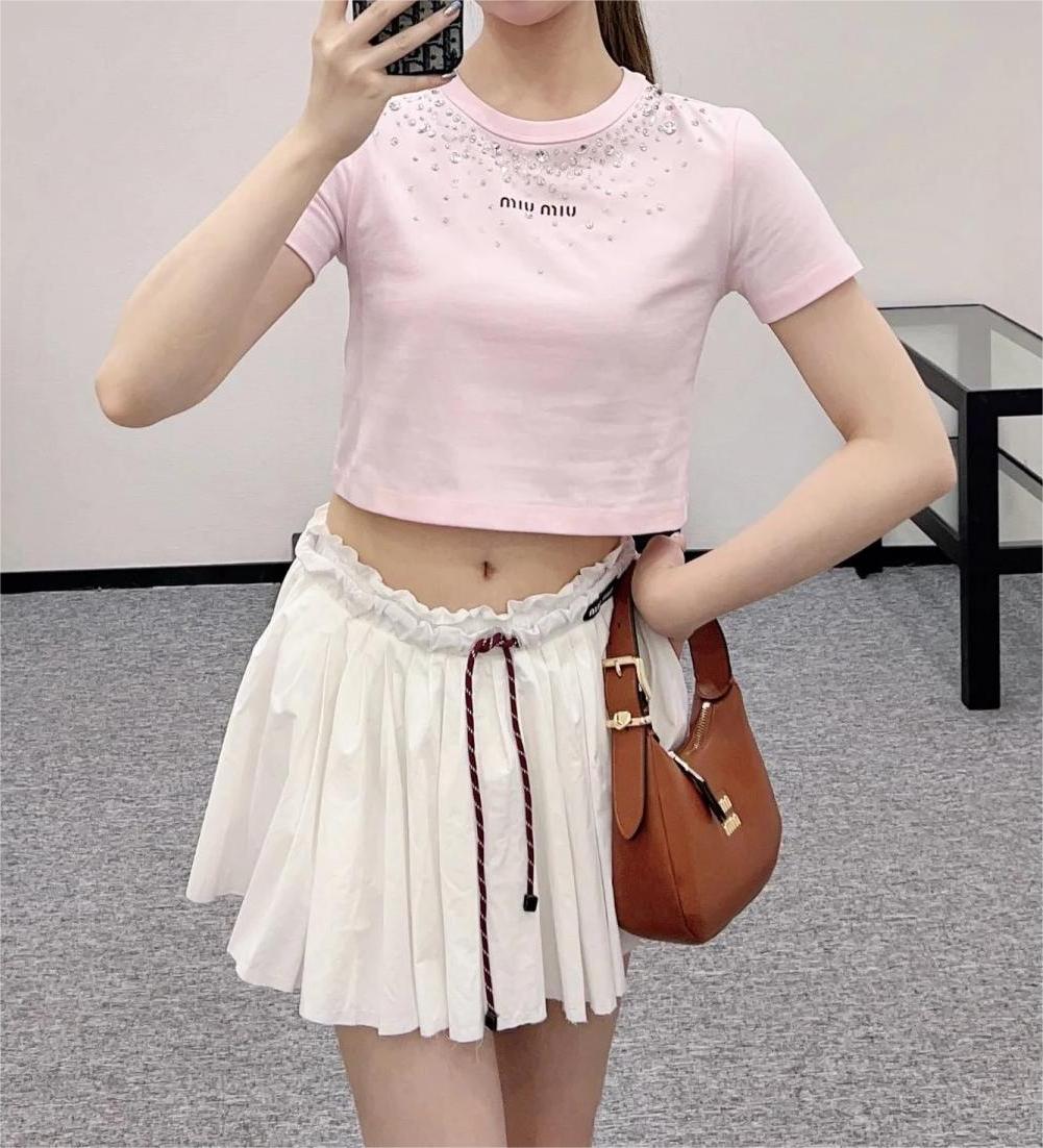 MIU25SS Handmade Starry Star Beaded Pattern Letter Short T-Shirt