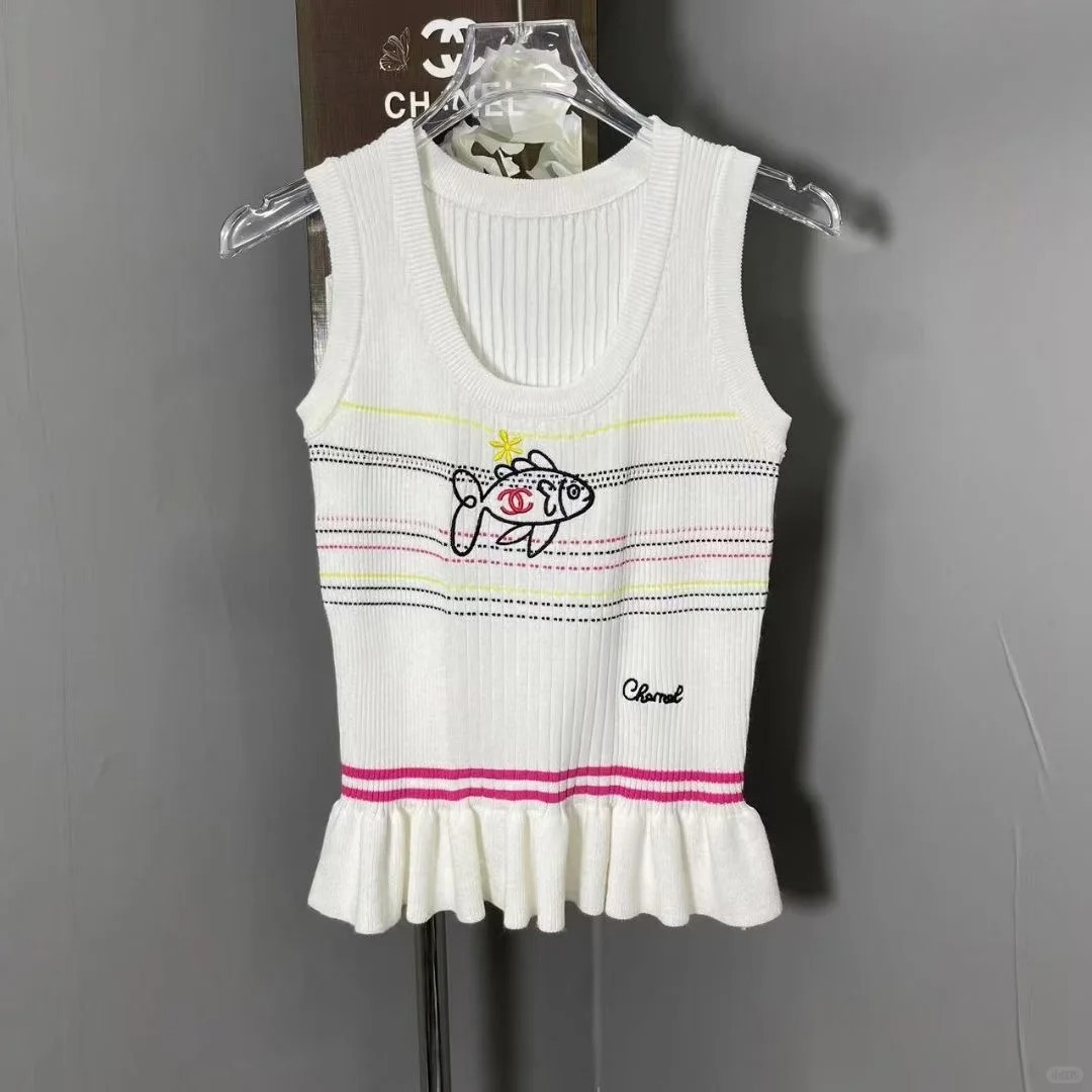 CHANE25SS Little Fish Stripe Stretch Knit Cami Tank Top