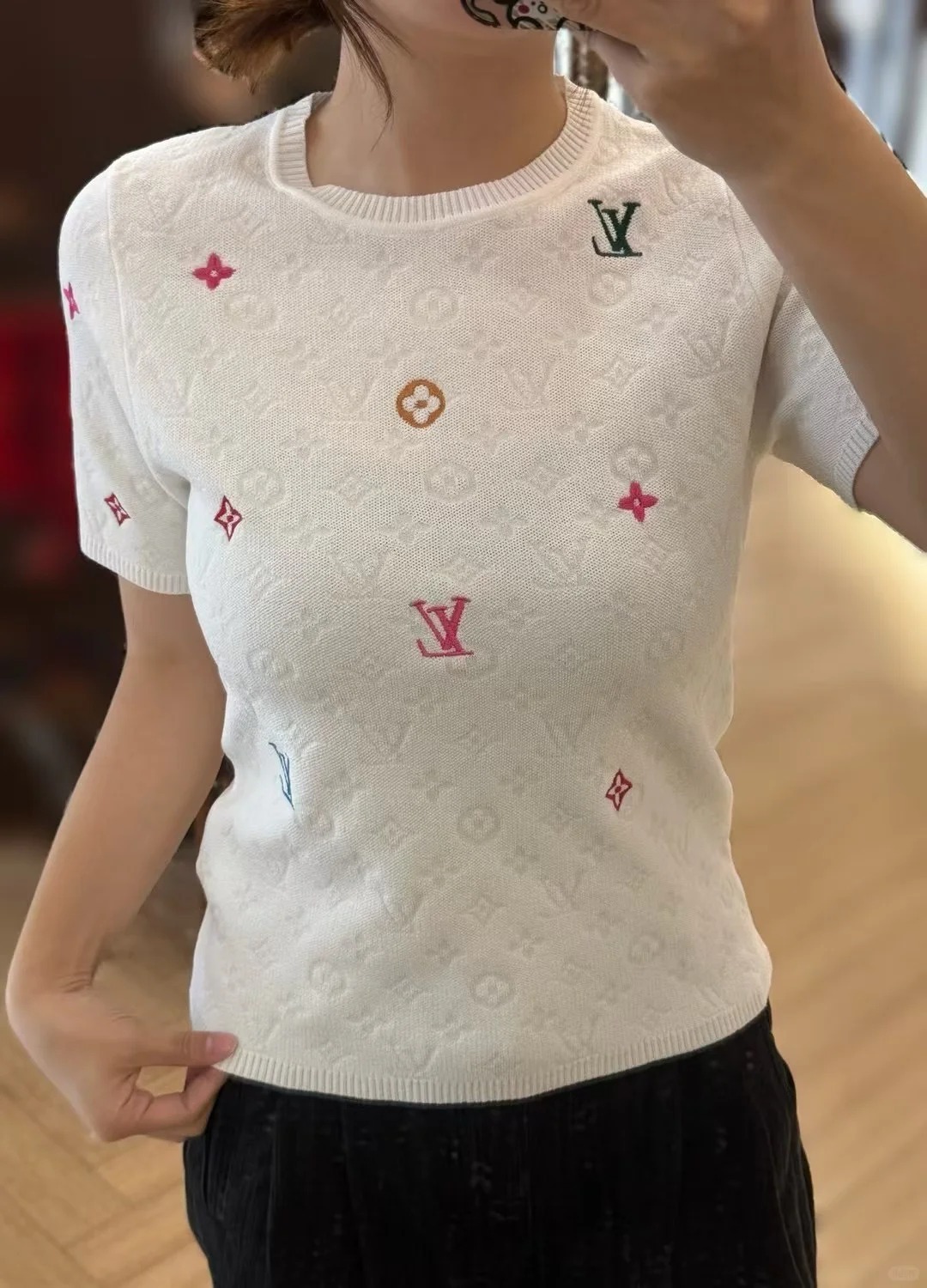 Louis Vuit25SS Flower Colourful Embroidery Embellished Round Neck Short Sleeve