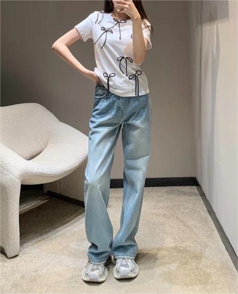 CHANE25SS round neck with rhinestone bow short sleeve t-shirt