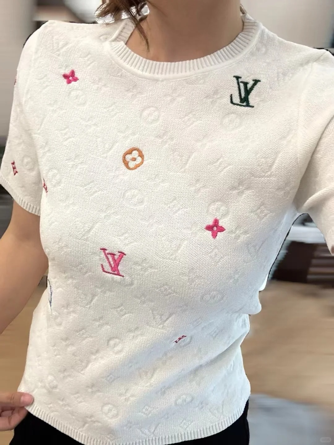 Louis Vuit25SS Flower Colourful Embroidery Embellished Round Neck Short Sleeve