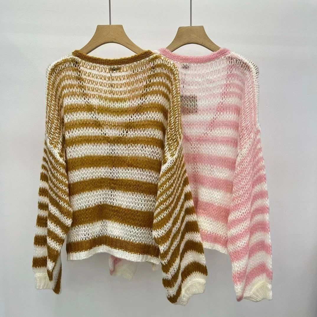 Striped hollow-out knitted cardigan