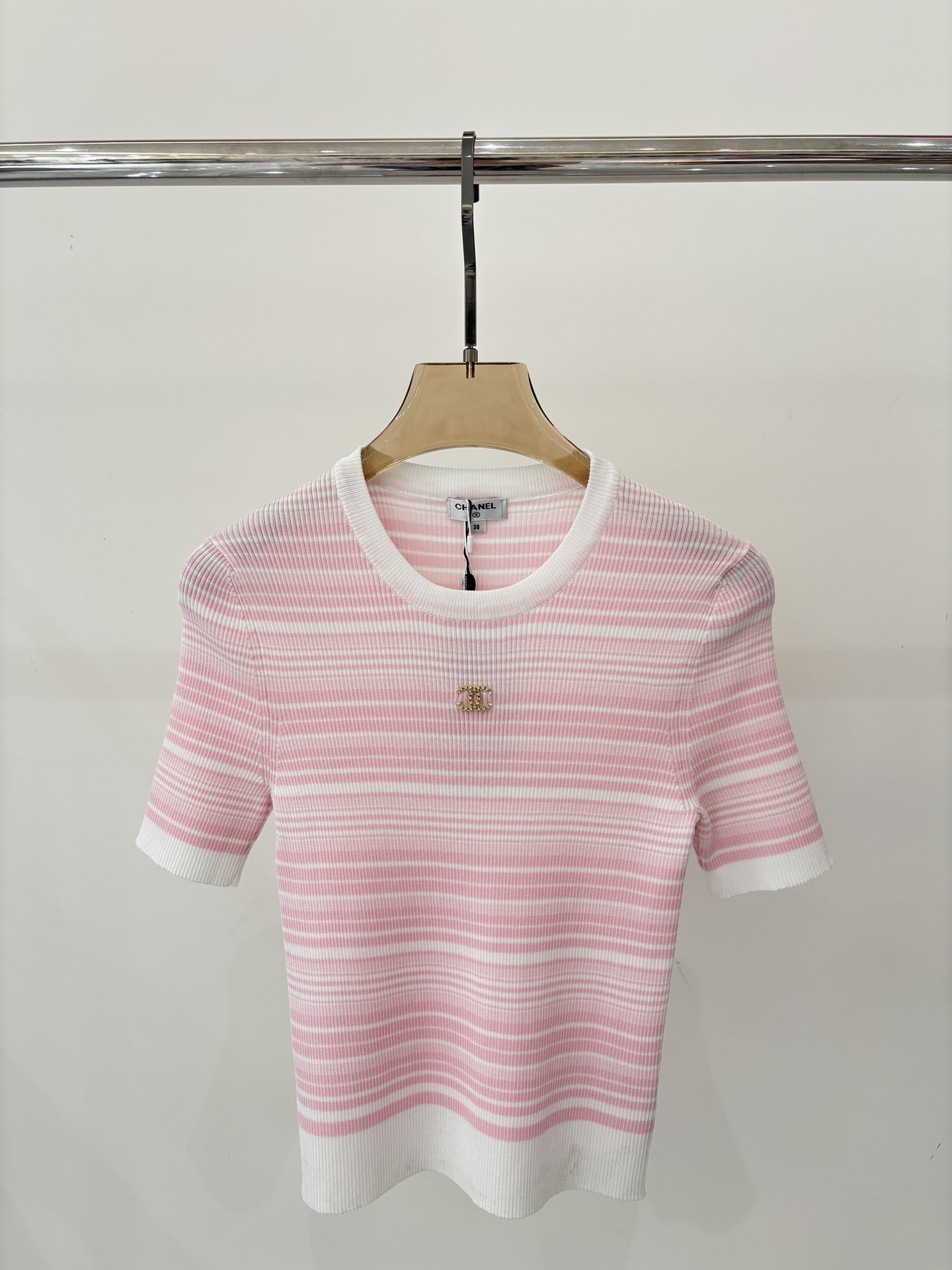 CHANE25SS Round Neck Letter Logo Stripe Patchwork Colour Block Knit Short Sleeve