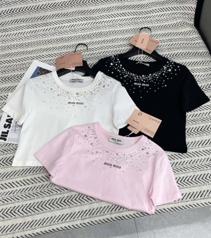 MIU25SS Handmade Starry Star Beaded Pattern Letter Short T-Shirt