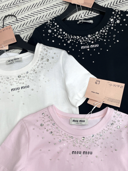 MIU25SS Handmade Starry Star Beaded Pattern Letter Short T-Shirt