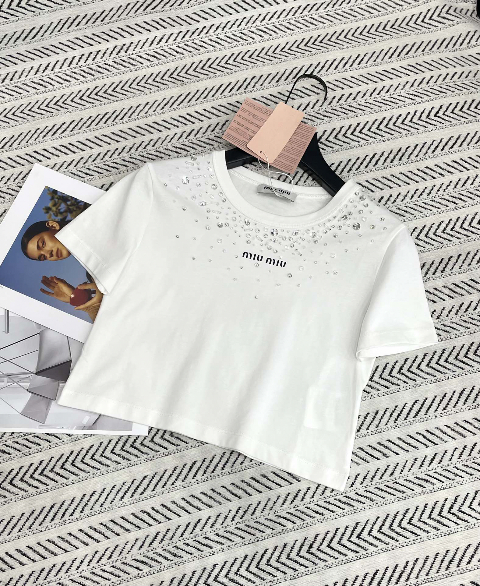 MIU25SS Handmade Starry Star Beaded Pattern Letter Short T-Shirt