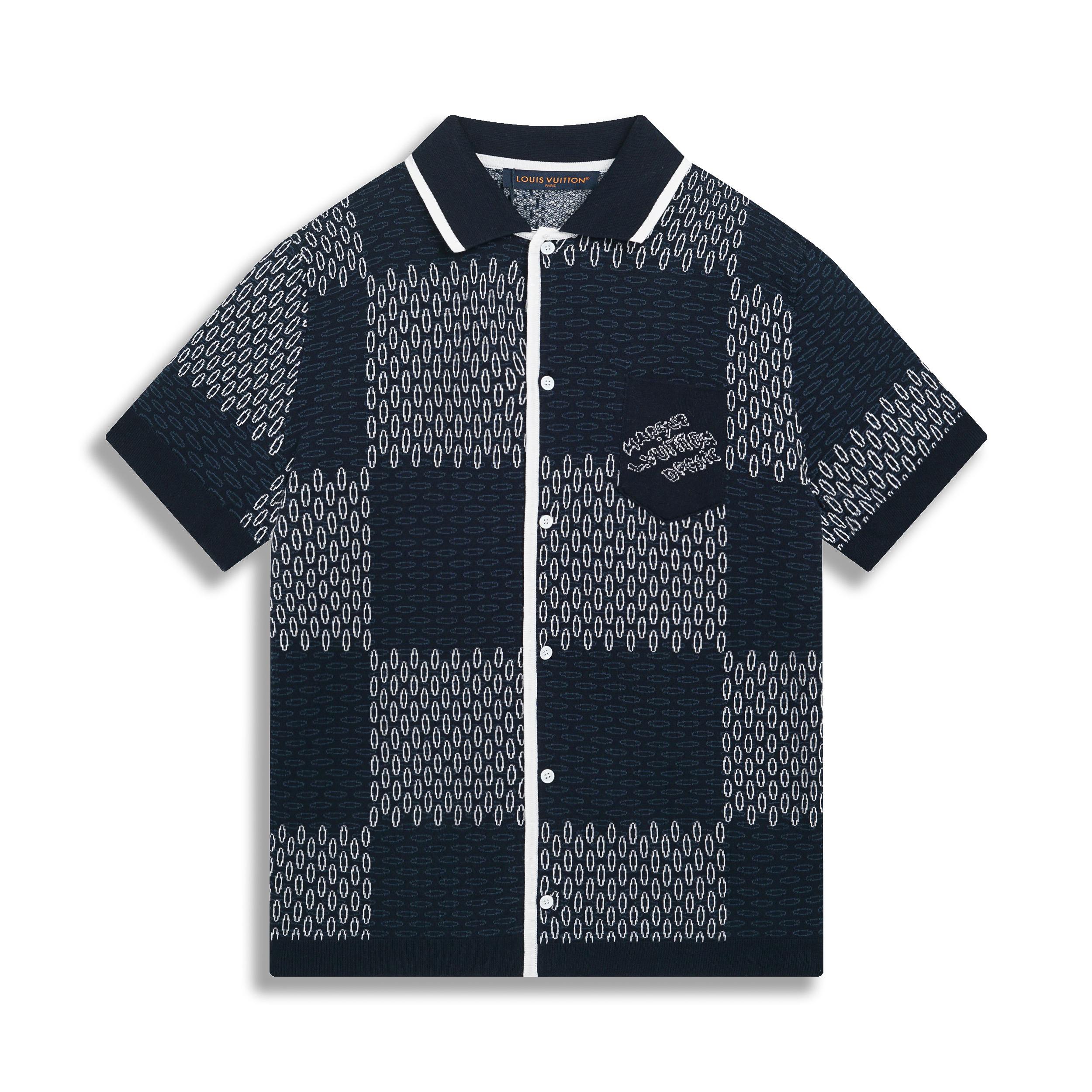 1V Blue grid knitted short sleeved shirt