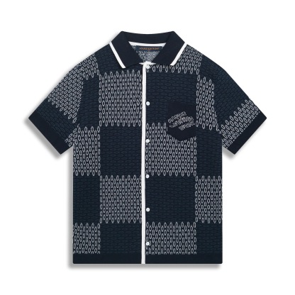 1V Blue grid knitted short sleeved shirt