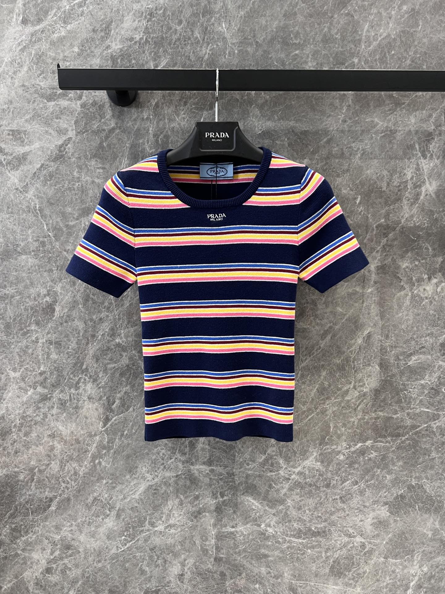 PLD 25SS Round neck color stripe knitted short sleeved shirt