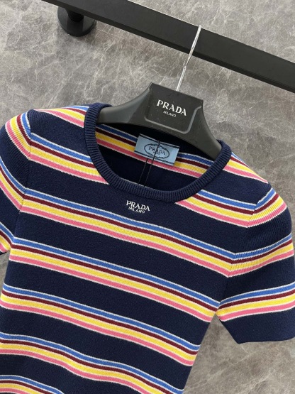 PLD 25SS Round neck color stripe knitted short sleeved shirt