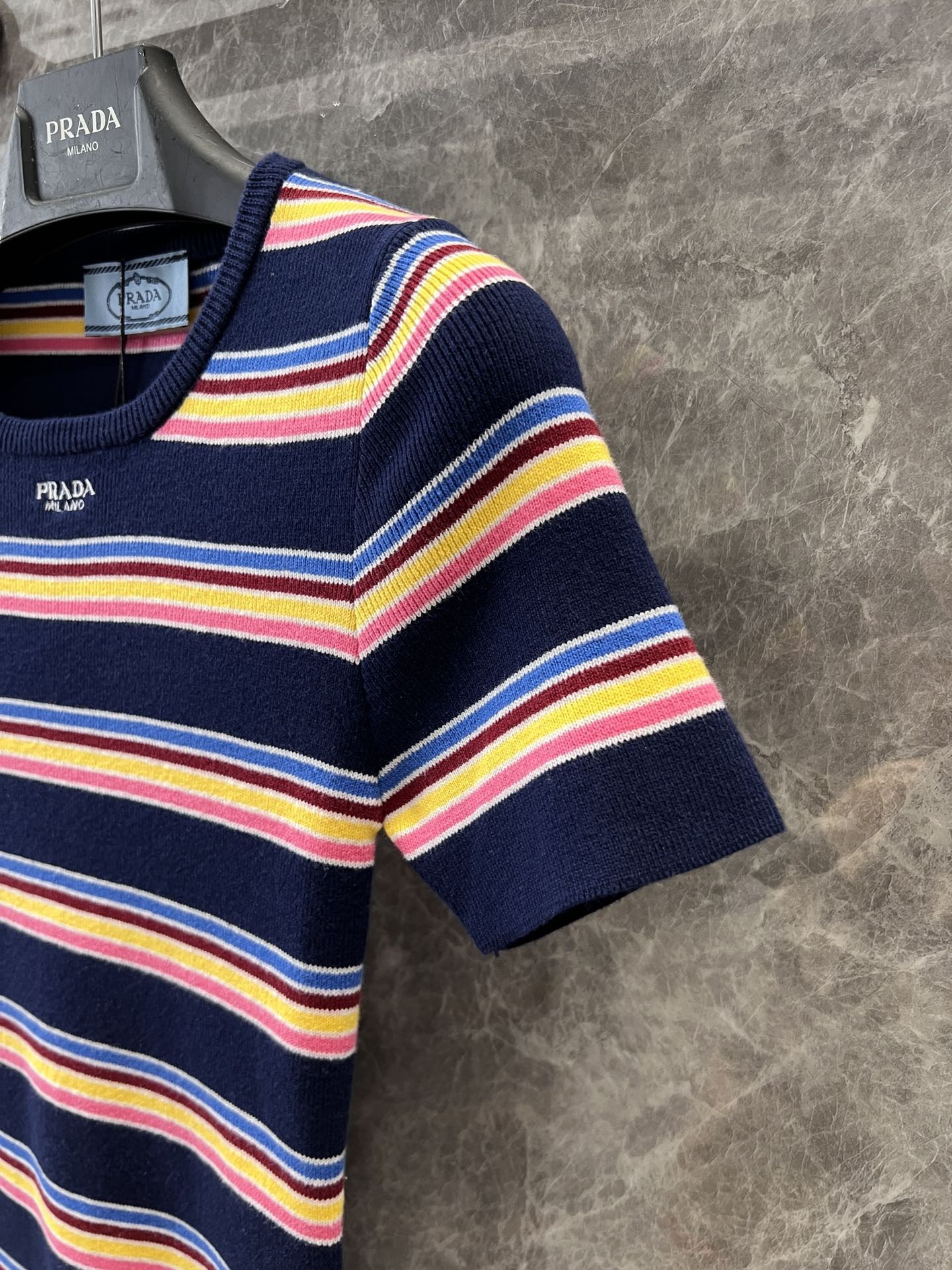 PLD 25SS Round neck color stripe knitted short sleeved shirt