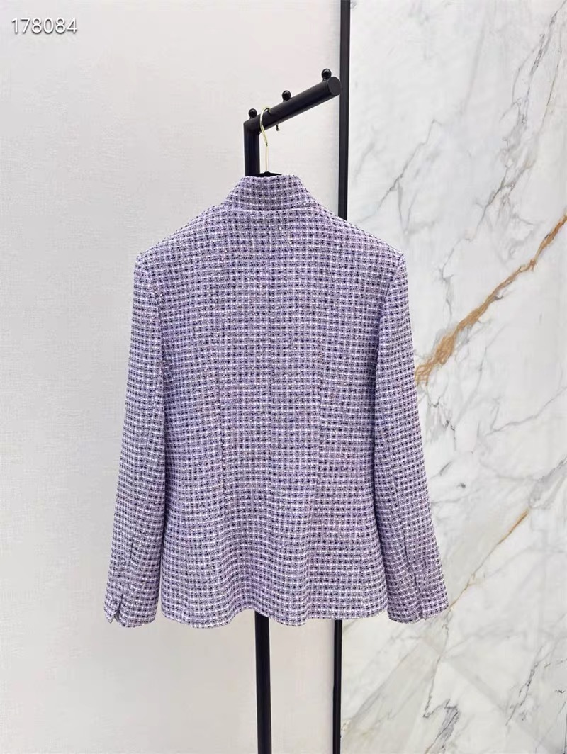 CHAN 25SS Spring and summer new retro woven plaid sequin coarse tweed stand up collar slim fit single breasted versatile short jacket