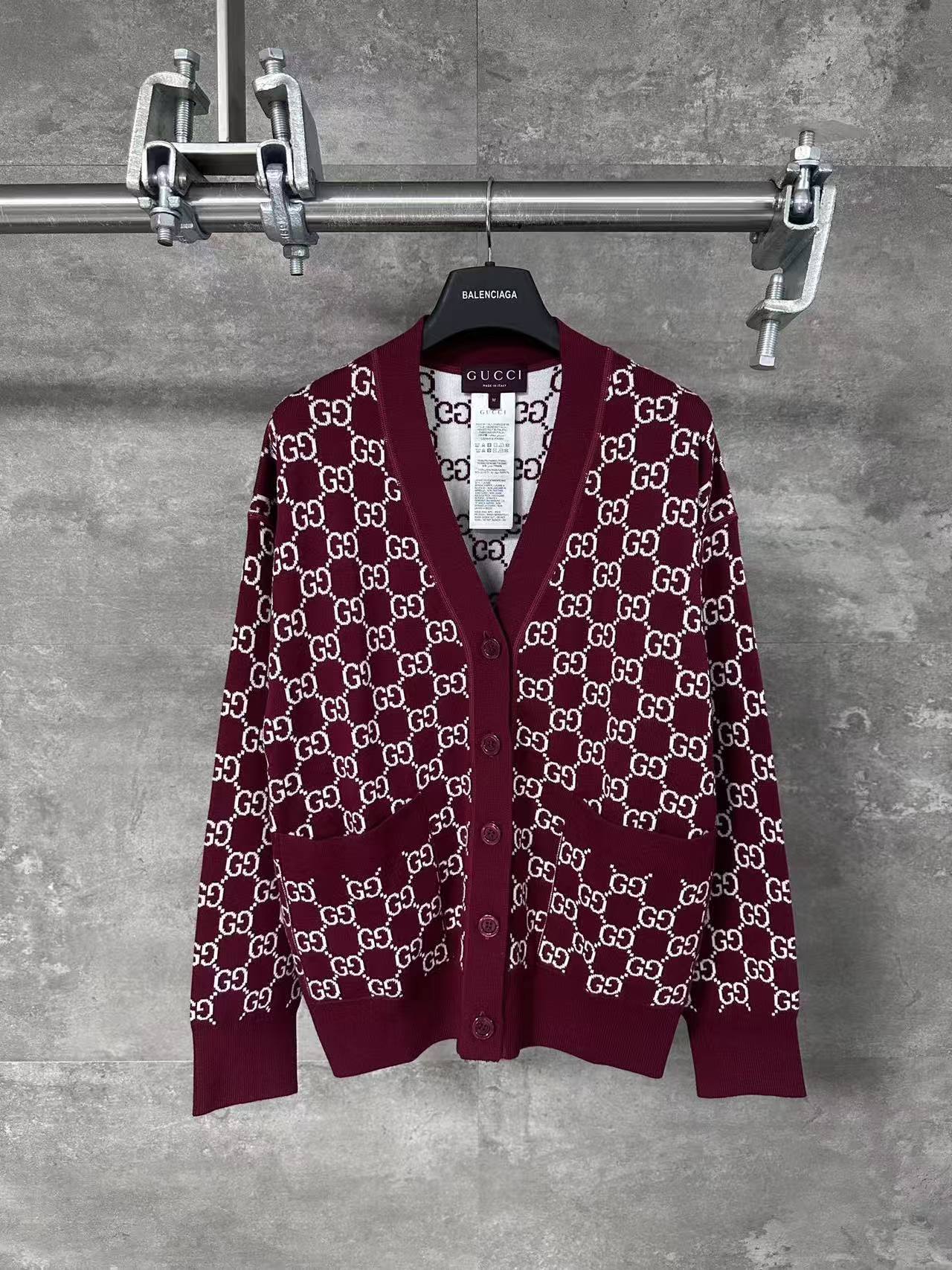 GG 25SS Wine red full printed logo knitted cardigan