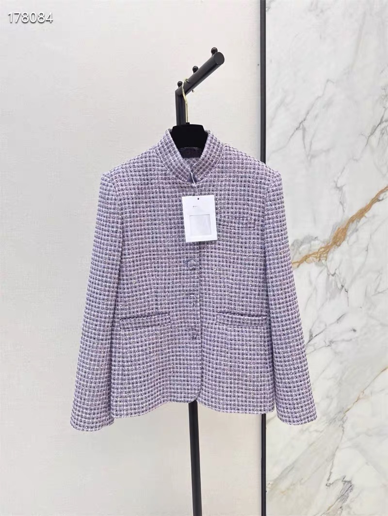 CHAN 25SS Spring and summer new retro woven plaid sequin coarse tweed stand up collar slim fit single breasted versatile short jacket
