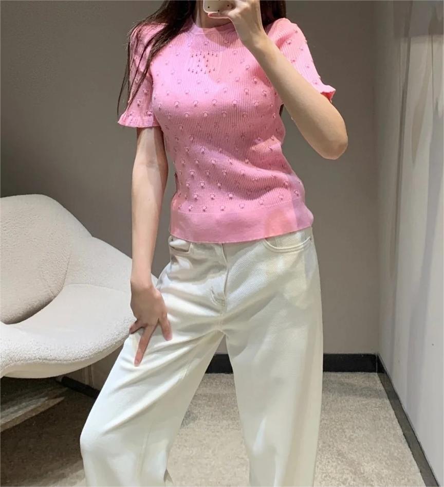 CHANE round neck polka dot knit short sleeve