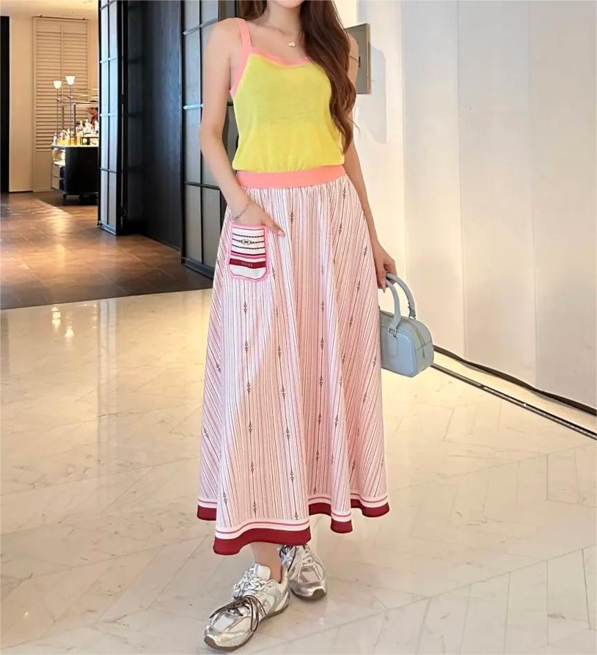 GUCC25SS Striped Saddle Button Pattern Half Skirt