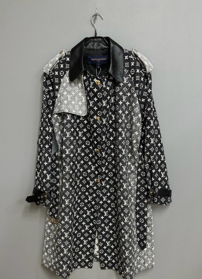 1V Vintage leather collar long windbreaker