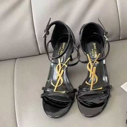 YSL - Style Black Patent Leather Strappy Sandals: Sleek Elegance for Evening Glamour