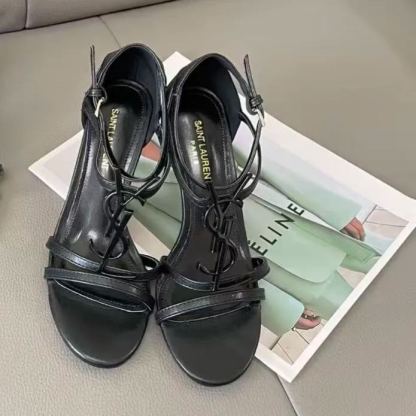 YSL - Style Black Patent Leather Strappy Sandals: Sleek Elegance for Evening Glamour