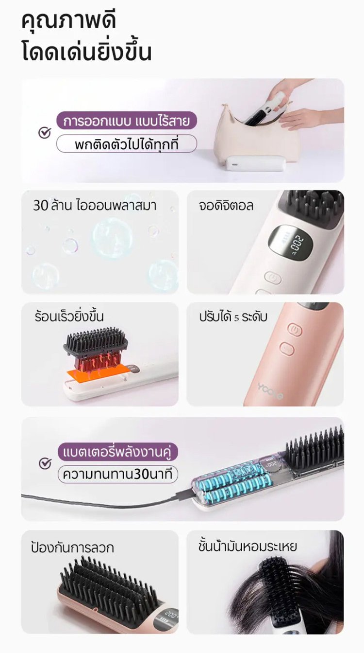 【✨ 💖ผมนุ่มสลวยใน 3 วินาที】หวีไฟฟ้าผมตรงไร้สายไอออนลบ