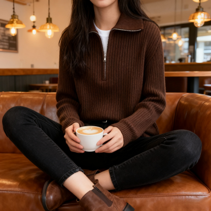 【🌟✨ใส่ได้ทั้งใส่นอกและใส่ใน ใส่แล้วเท่ไม่ซ้ำใคร】เสื้อไหมพรมมีซิปครึ่งปกเสื้อแบบพับ