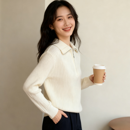 【🌟✨ใส่ได้ทั้งใส่นอกและใส่ใน ใส่แล้วเท่ไม่ซ้ำใคร】เสื้อไหมพรมมีซิปครึ่งปกเสื้อแบบพับ