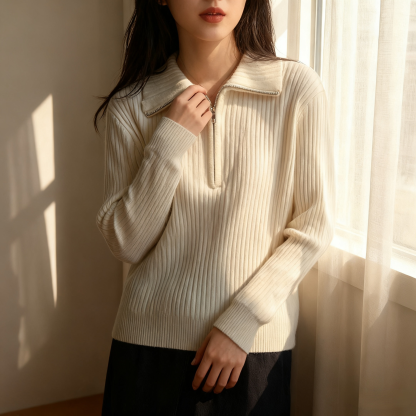 【🌟✨ใส่ได้ทั้งใส่นอกและใส่ใน ใส่แล้วเท่ไม่ซ้ำใคร】เสื้อไหมพรมมีซิปครึ่งปกเสื้อแบบพับ