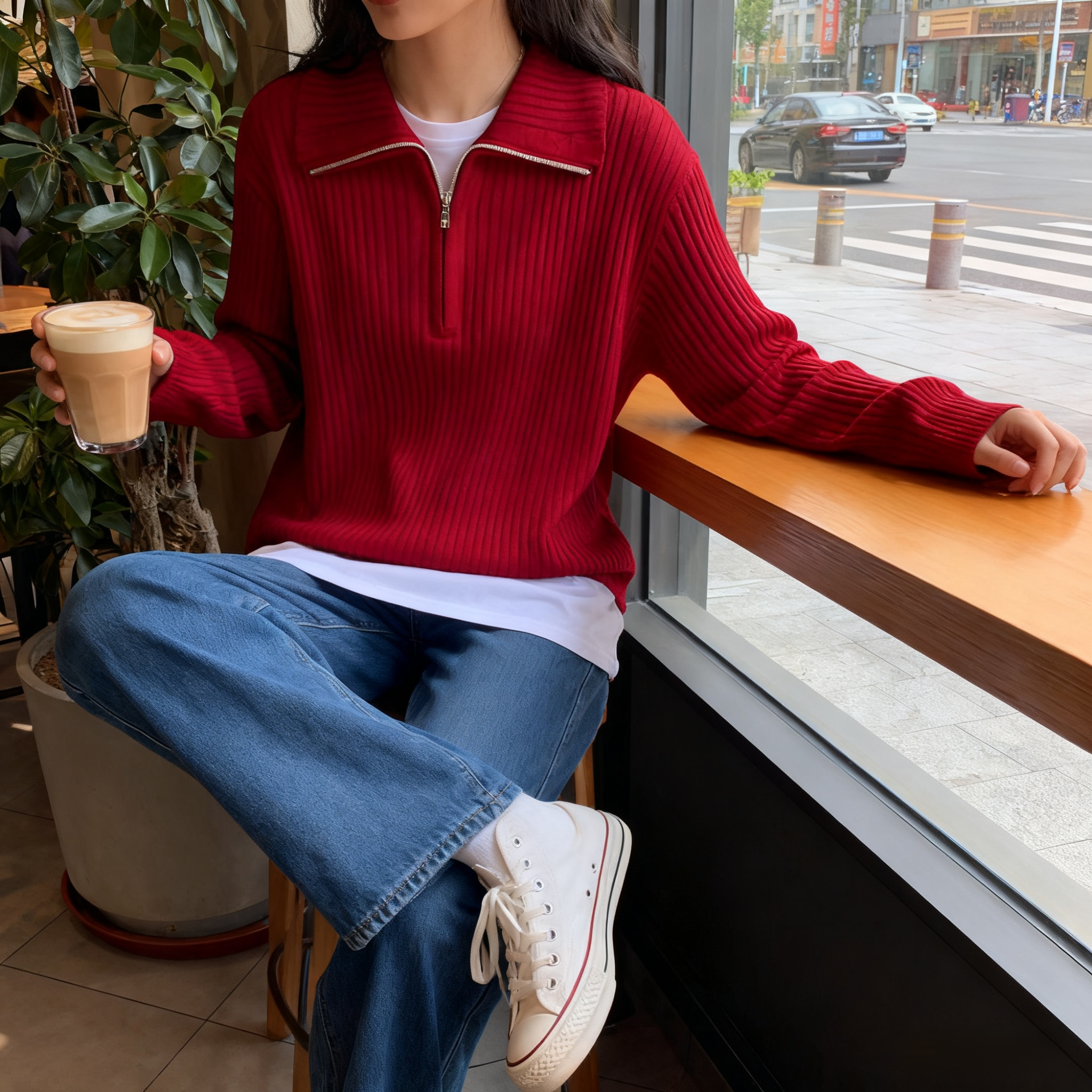 【🌟✨ใส่ได้ทั้งใส่นอกและใส่ใน ใส่แล้วเท่ไม่ซ้ำใคร】เสื้อไหมพรมมีซิปครึ่งปกเสื้อแบบพับ