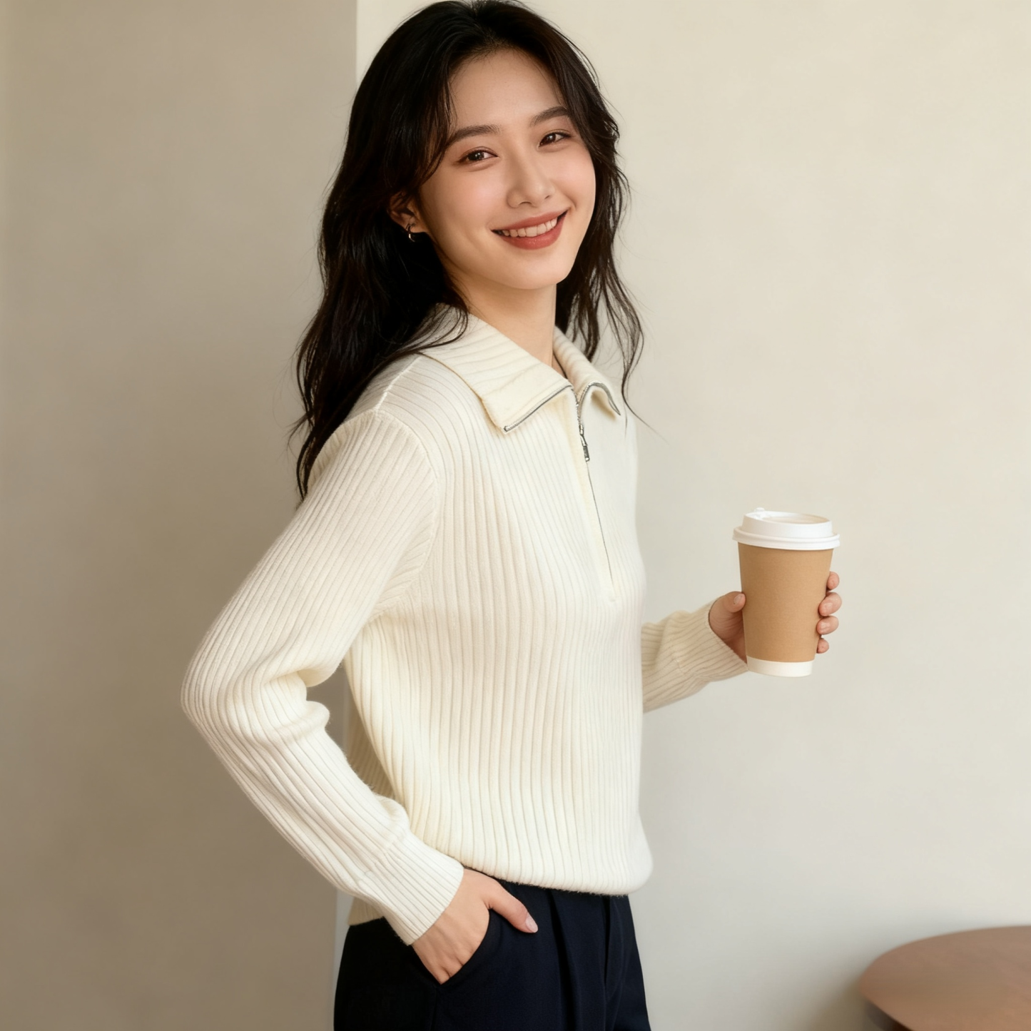 【🌟✨ใส่ได้ทั้งใส่นอกและใส่ใน ใส่แล้วเท่ไม่ซ้ำใคร】เสื้อไหมพรมมีซิปครึ่งปกเสื้อแบบพับ