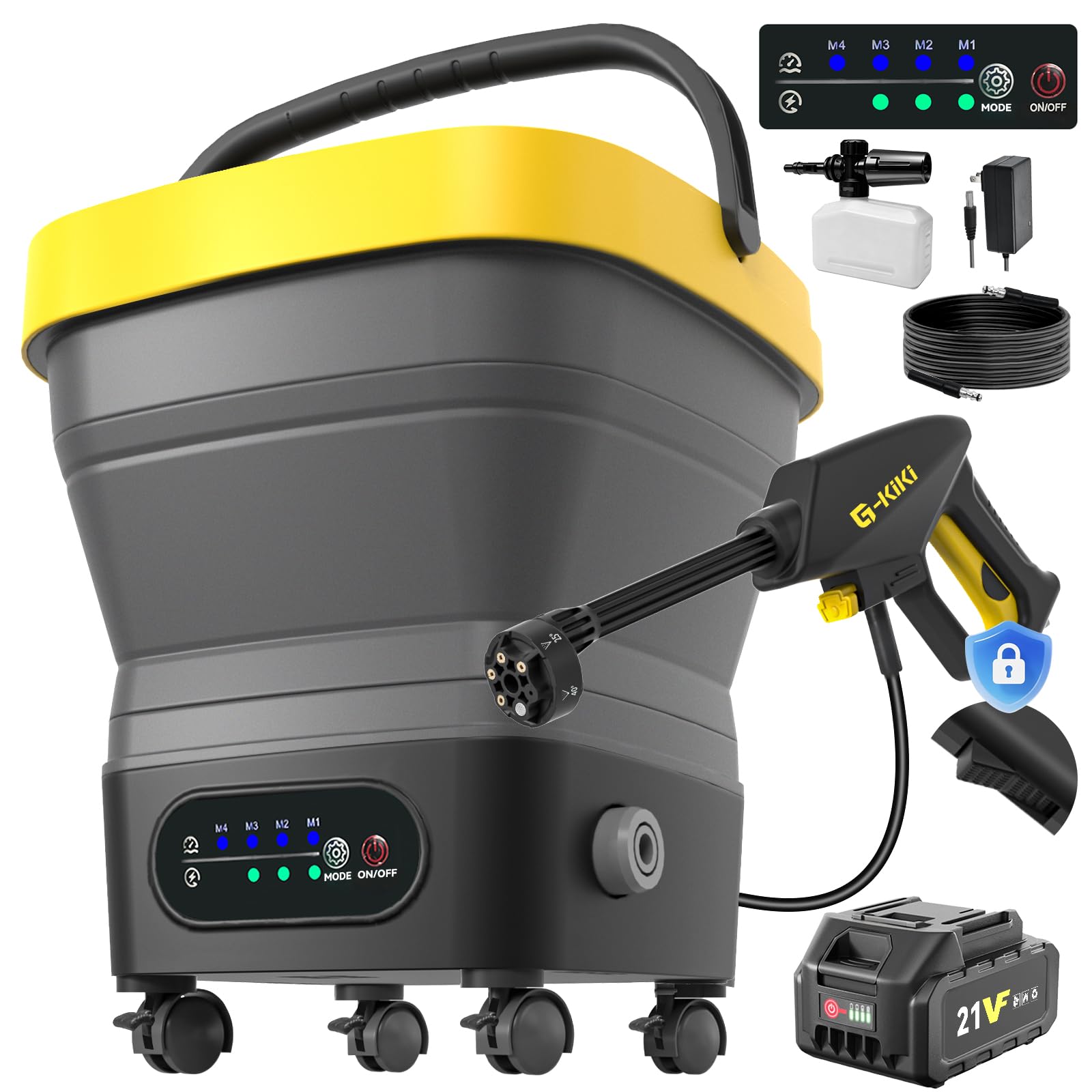 【業界初・ワンタッチロックで連続噴水・バッテリー交換可能・45分連続使用】8MPa 折りたたみ式 高圧洗浄機 コードレス 充電式 タンク型 4段階水圧調整 30000mAh電池 残量表示 ブレーキ付き 360度回転キャスター 改良型調整可能フォームボトル 安全ロック 14Lバケツ 6in1ノズル コンパクト 持ち運び便利 水道接続不要 女性も手軽に使える 洗車/キャンプ/ベランダ/防災/年末大掃除