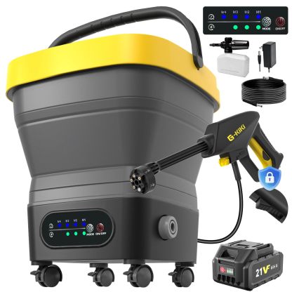 【業界初・ワンタッチロックで連続噴水・バッテリー交換可能・45分連続使用】8MPa 折りたたみ式 高圧洗浄機 コードレス 充電式 タンク型 4段階水圧調整 30000mAh電池 残量表示 ブレーキ付き 360度回転キャスター 改良型調整可能フォームボトル 安全ロック 14Lバケツ 6in1ノズル コンパクト 持ち運び便利 水道接続不要 女性も手軽に使える 洗車/キャンプ/ベランダ/防災/年末大掃除