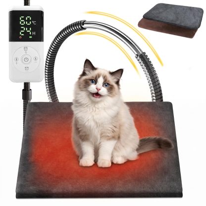 ペット用ホットカーペット【独自開発コントローラー・AI恒温センサー搭載・ペット専門家監修】45×45cm 小型犬・猫 ペットヒーター 30～60℃・1℃単位温度調節 14段階タイマー（1～12時間・1時間刻み/24時間/常時オン）自動電源オフ＆省エネ設計 前回設定記憶 恒温機能 PSE認証済み 過熱保護 防水 噛み防止 金属スパイラル管保護 カバー2枚洗濯可能 暖房器具 寒さ対策 日本語説明書