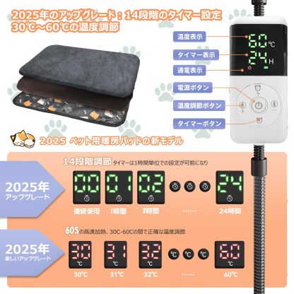 ペット用ホットカーペット【2025年独自開発コントローラー・ペット専門家鈴木監修】45x45cm ペットヒーター 犬 猫 30℃～60℃温度調節可能 14段階タイマー機能・新搭載24時間タイマー設定 自動電源オフ＆省エネ設計 恒温機能 PSE認証済み 噛み防止対策 金属スパイラル管付き カバー2枚洗濯可能 過熱保護 防水 暖房器具 寒さ対策 小動物 日本語取扱説明書付き