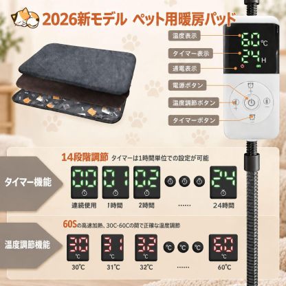 ペット用ホットカーペット【独自開発コントローラー・AI恒温センサー搭載・ペット専門家監修】45×45cm 小型犬・猫 ペットヒーター 30～60℃・1℃単位温度調節 14段階タイマー（1～12時間・1時間刻み/24時間/常時オン）自動電源オフ＆省エネ設計 前回設定記憶 恒温機能 PSE認証済み 過熱保護 防水 噛み防止 金属スパイラル管保護 カバー2枚洗濯可能 暖房器具 寒さ対策 日本語説明書