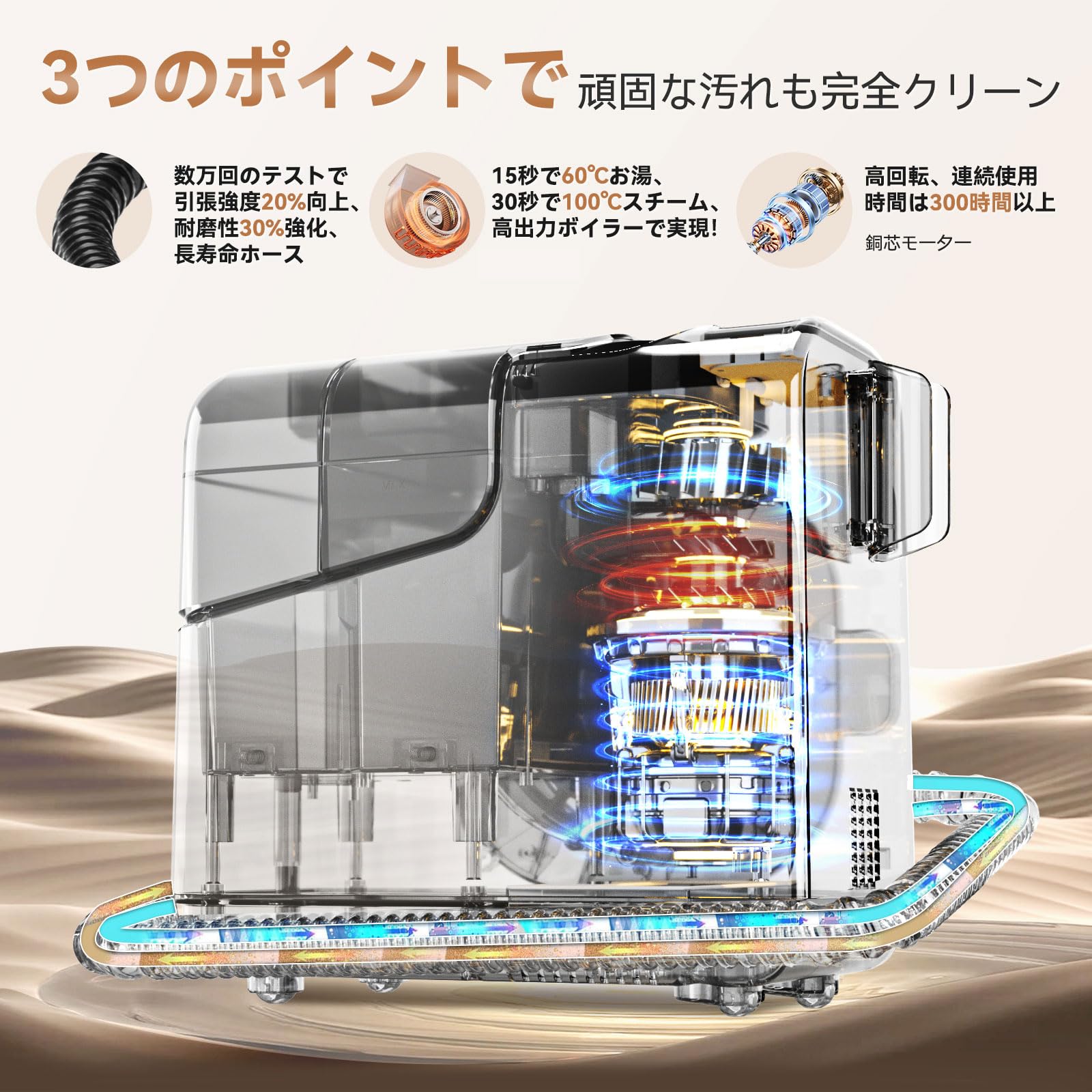 スチームクリーナー【日本チーム開発・業界初の収納設計・アップグレード版3000mlデュアルタンク】1台4役 音声ガイド 19000Pa超強吸引力 カーペットクリーナー 100℃高温スチーム 自動洗浄機能 360度回転キャスター付き 静音 PSE認証済み カーペット洗浄機 布洗浄機 染み抜き 絨毯クリーナー 水洗い 車用掃除機 乾湿両用 ソファ/ペットシート/マットレス/カーテン コンパクト収納