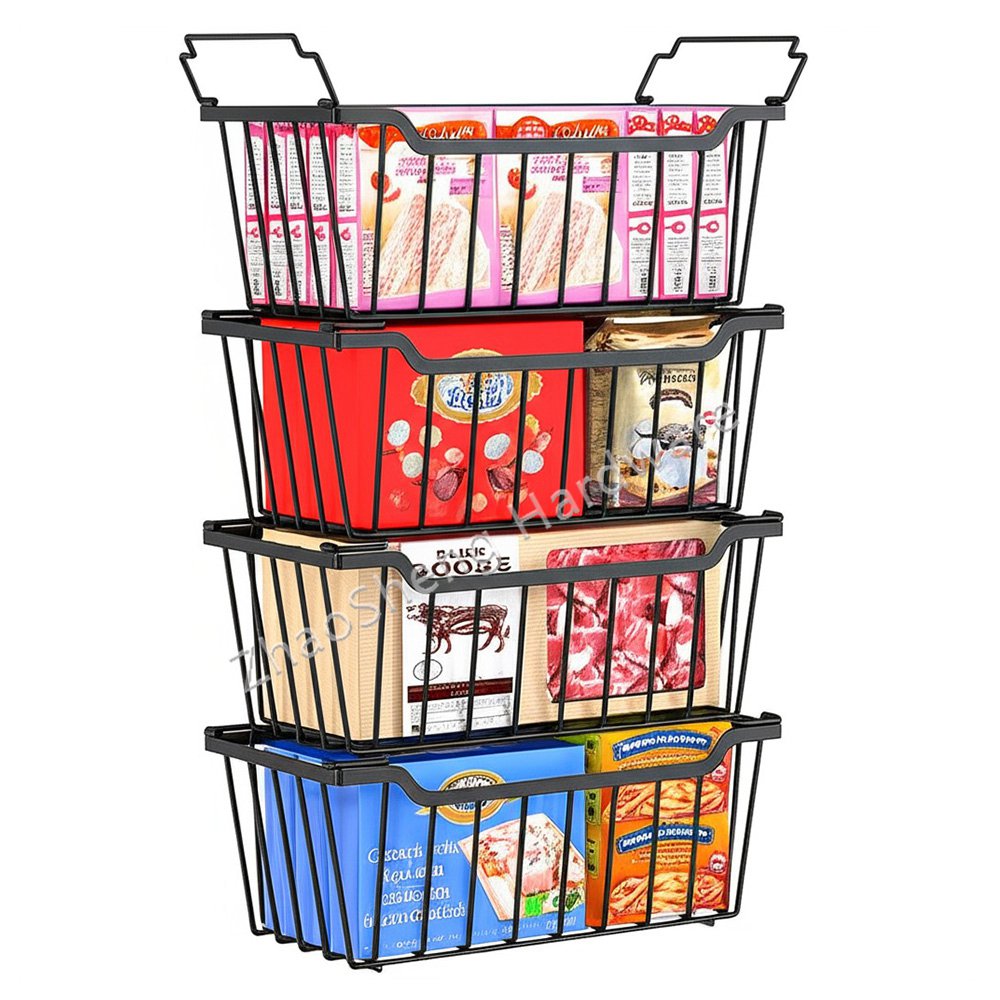 4 Pack Kitchen Organizer Stackable Metal Wire Basket Refrigerator Fridge Storage Bin Deep Freezer Ba