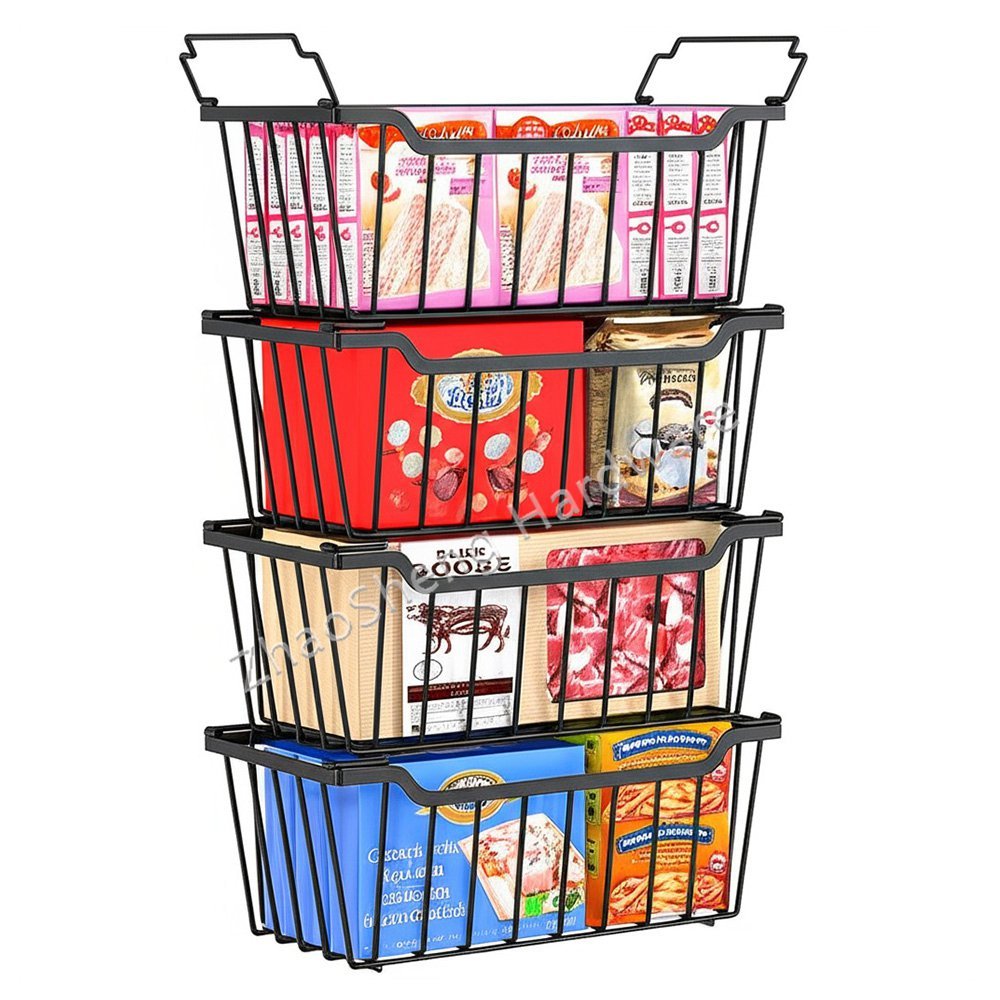 4 Pack Kitchen Organizer Stackable Metal Wire Basket Refrigerator Fridge Storage Bin Deep Freezer Ba