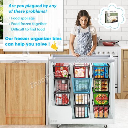4 Pack Kitchen Organizer Stackable Metal Wire Basket Refrigerator Fridge Storage Bin Deep Freezer Ba