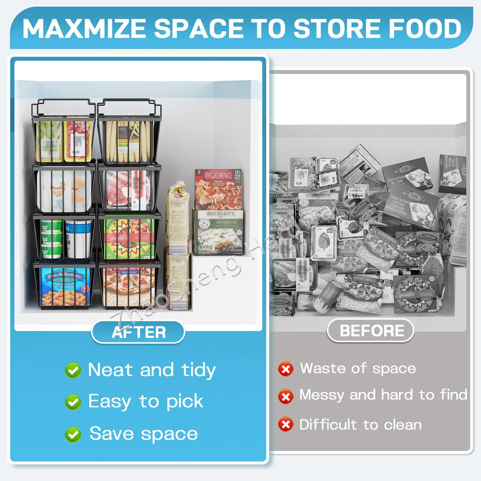 4 Pack Kitchen Organizer Stackable Metal Wire Basket Refrigerator Fridge Storage Bin Deep Freezer Ba