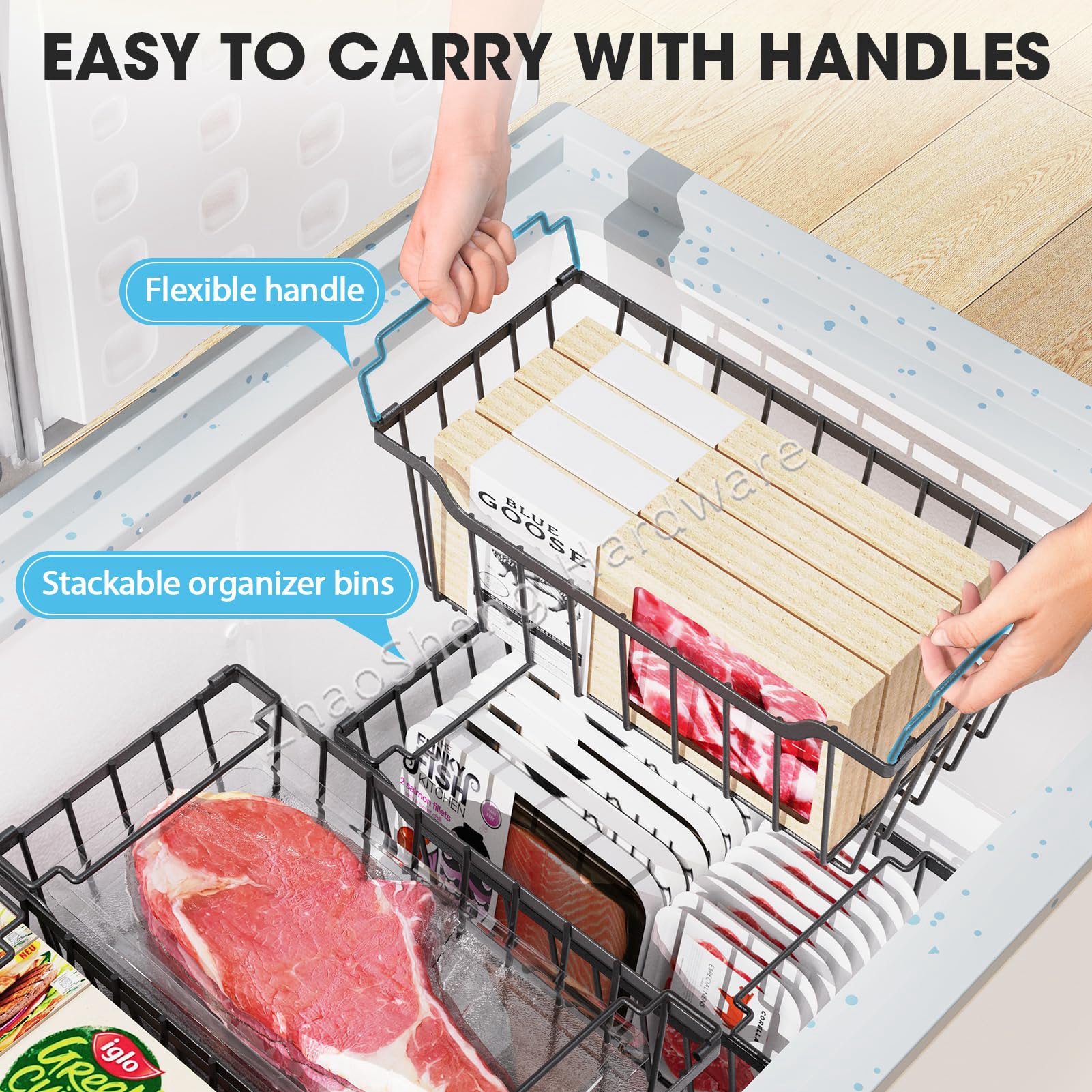 4 Pack Kitchen Organizer Stackable Metal Wire Basket Refrigerator Fridge Storage Bin Deep Freezer Ba