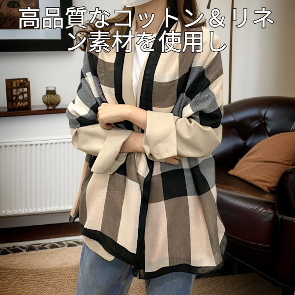 レディースコットン＆リネンスカーフ、カラーブロックショール、薄型スタイル、春と秋に適しています。