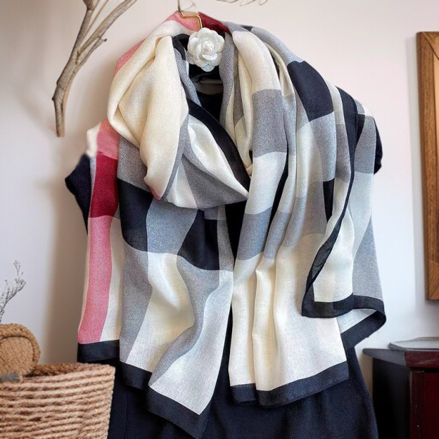 レディースコットン＆リネンスカーフ、カラーブロックショール、薄型スタイル、春と秋に適しています。