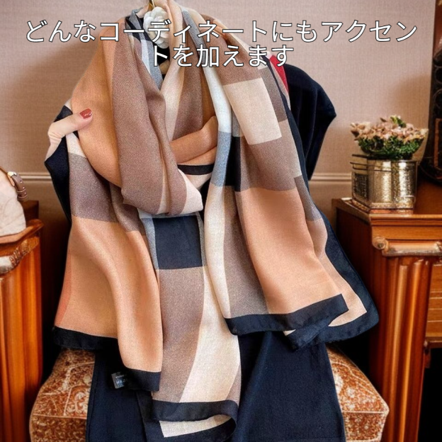 レディースコットン＆リネンスカーフ、カラーブロックショール、薄型スタイル、春と秋に適しています。