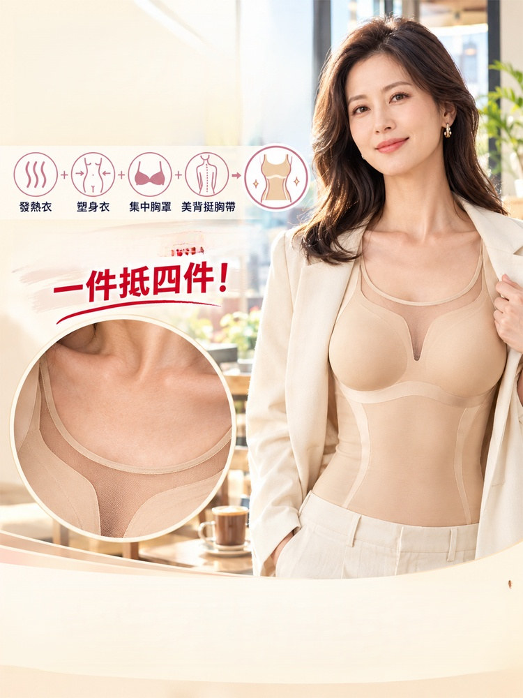 【視覺立減5KG】法式T型透膚沙漏曲線塑身發熱背心